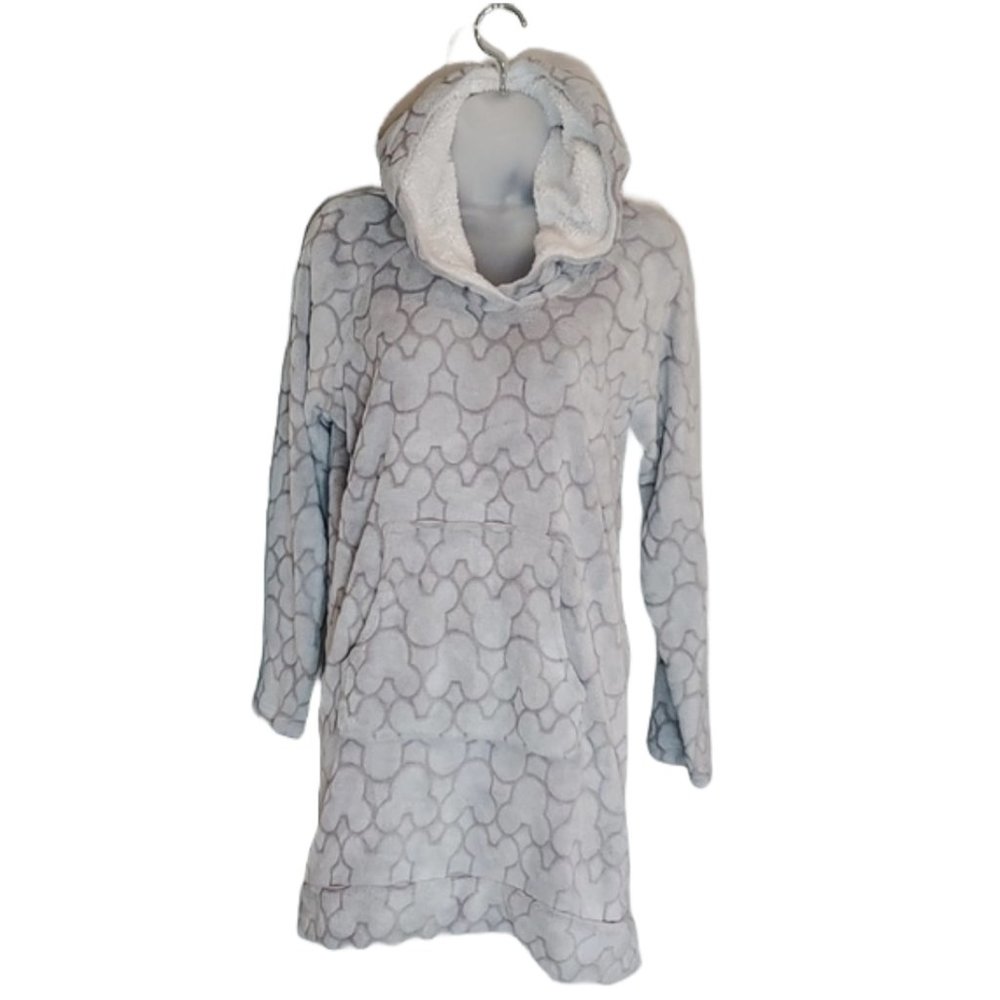 Disney Mickey Mouse Gray Faux Fur Long Sleep Hoodie Pullover Sleepwear SZ L